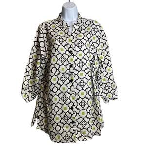 Tweeds Women's Linen Blue Green Mod Print Tunic Blouse Size 1X Lagenlook Coastal